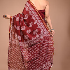 Lovwear Maroon & White Designer Motif Cotton MulMul Saree with Zari Border - Front View