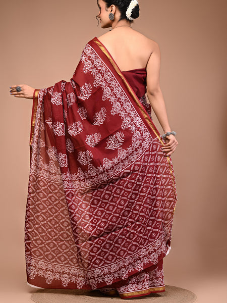 Lovwear Maroon & White Designer Motif Cotton MulMul Saree with Zari Border - Front View