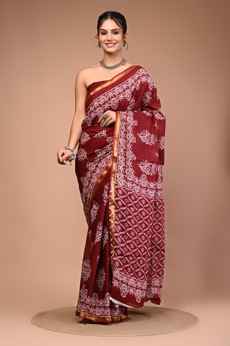 Lovwear Maroon & White Designer Motif Cotton MulMul Saree with Zari Border - Pallu & Border Detail View