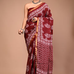 Lovwear Maroon & White Designer Motif Cotton MulMul Saree with Zari Border - Pallu & Border Detail View