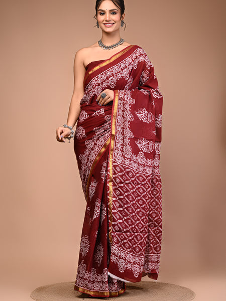 Lovwear Maroon & White Designer Motif Cotton MulMul Saree with Zari Border - Pallu & Border Detail View