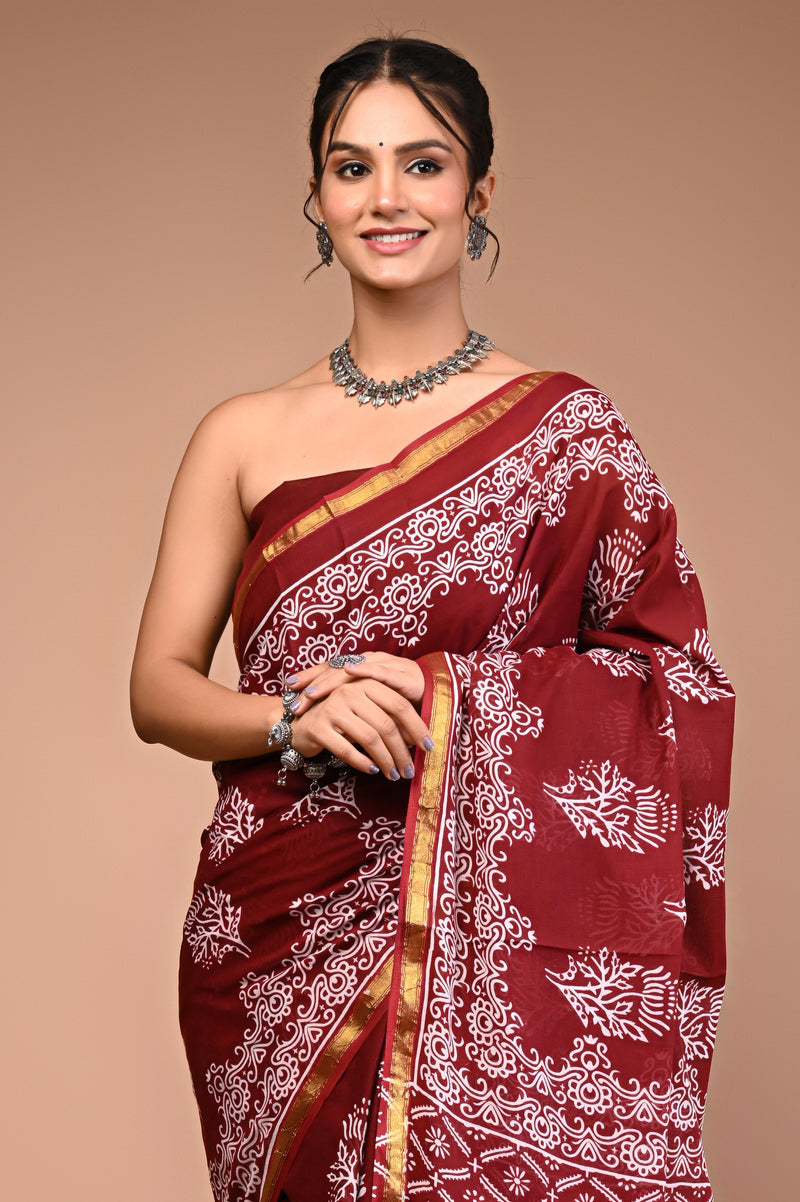 Lovwear Maroon & White Designer Motif Cotton MulMul Saree with Zari Border - Fabric Texture View