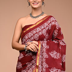 Lovwear Maroon & White Designer Motif Cotton MulMul Saree with Zari Border - Fabric Texture View