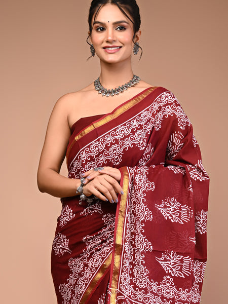 Lovwear Maroon & White Designer Motif Cotton MulMul Saree with Zari Border - Fabric Texture View