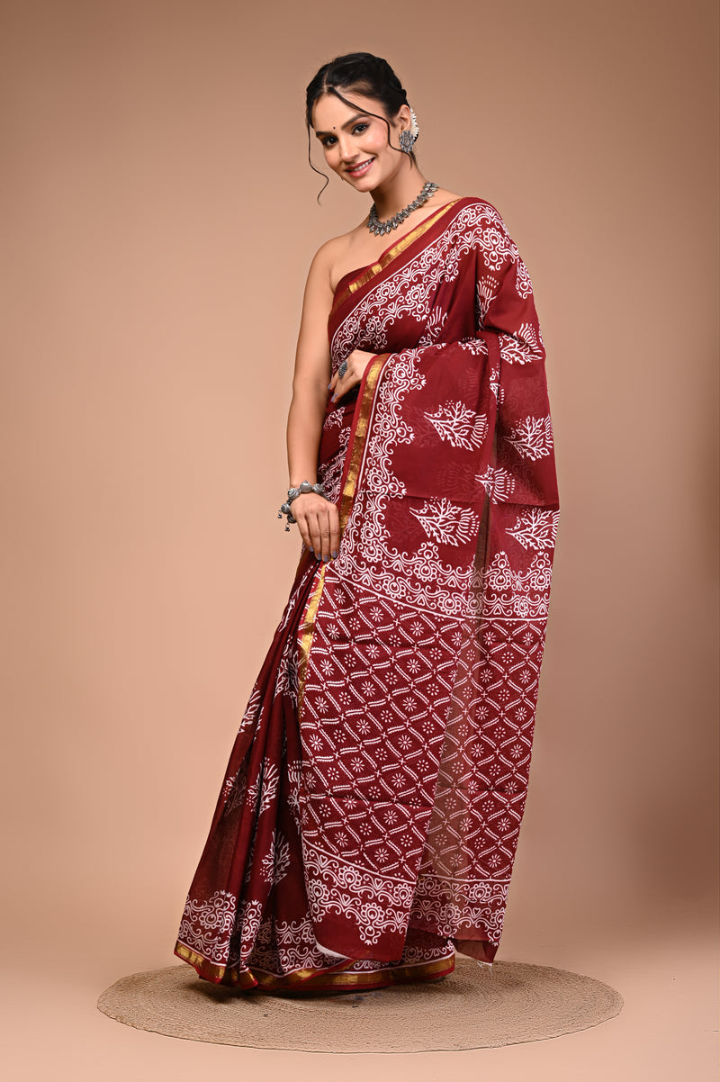 Lovwear Maroon & White Designer Motif Cotton MulMul Saree with Zari Border - Pleats & Full Length View