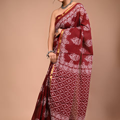 Lovwear Maroon & White Designer Motif Cotton MulMul Saree with Zari Border - Pleats & Full Length View