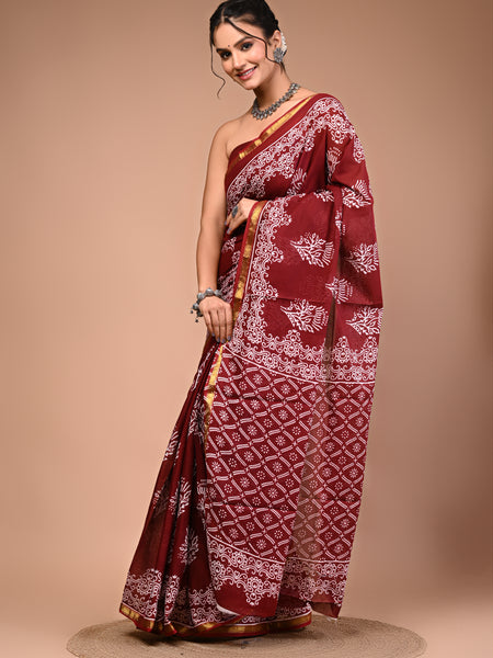 Lovwear Maroon & White Designer Motif Cotton MulMul Saree with Zari Border - Pleats & Full Length View