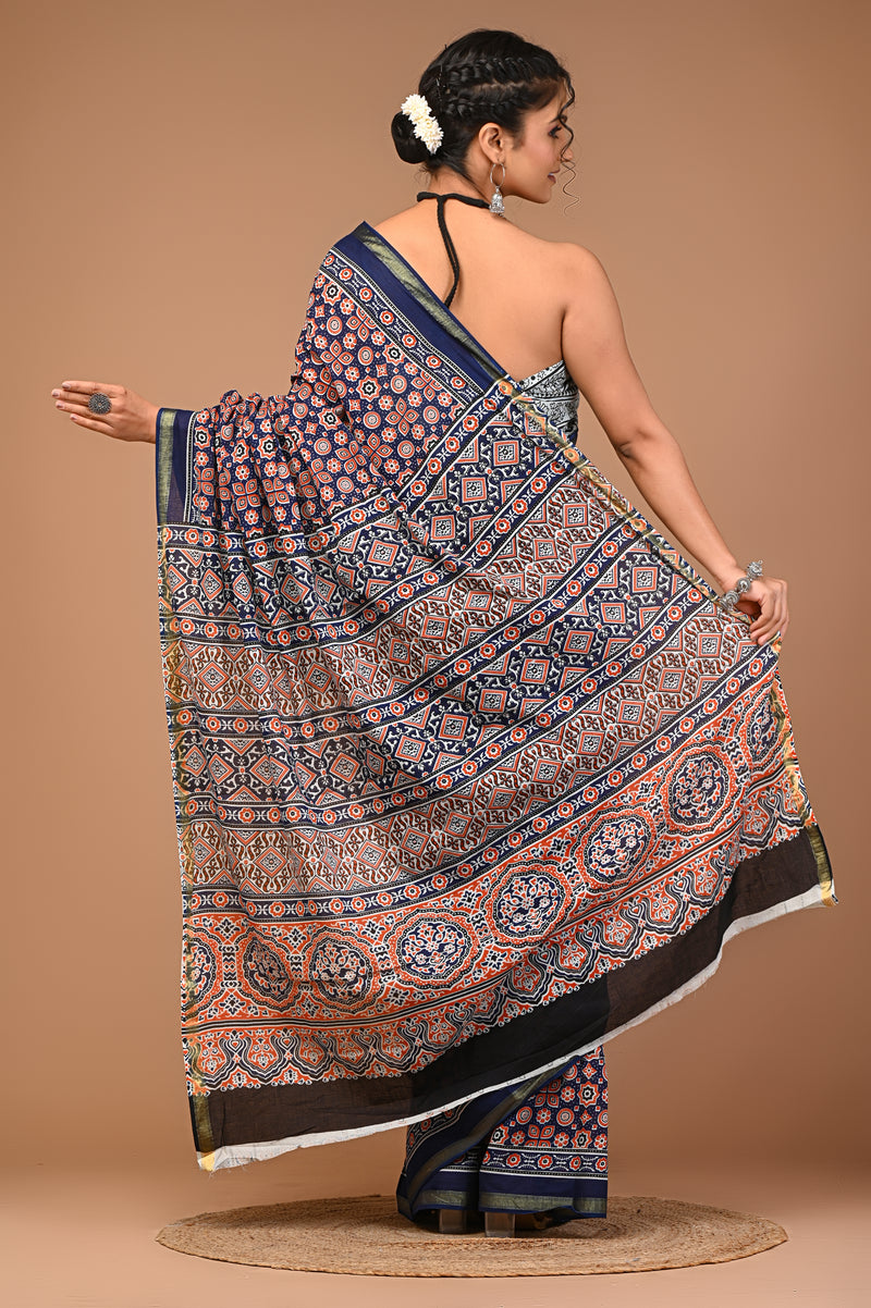 Lovwear Blue Multi Naveen Cotton MulMul Saree with Zari Border - Front View