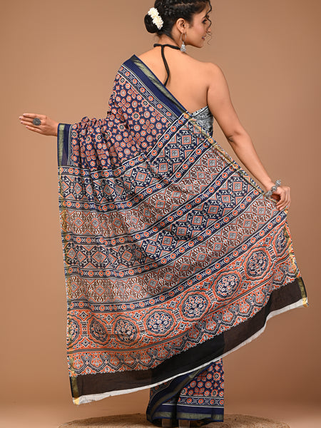 Lovwear Blue Multi Naveen Cotton MulMul Saree with Zari Border - Front View