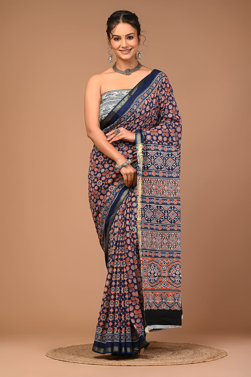 Lovwear Blue Multi Naveen Cotton MulMul Saree with Zari Border - Pallu & Border Detail View