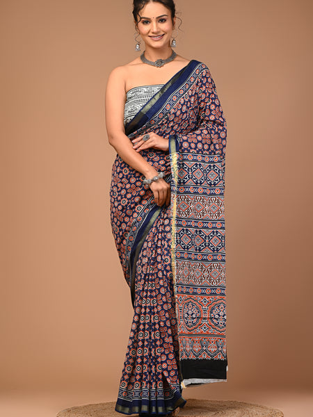 Lovwear Blue Multi Naveen Cotton MulMul Saree with Zari Border - Pallu & Border Detail View