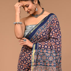 Lovwear Blue Multi Naveen Cotton MulMul Saree with Zari Border - Fabric Texture View