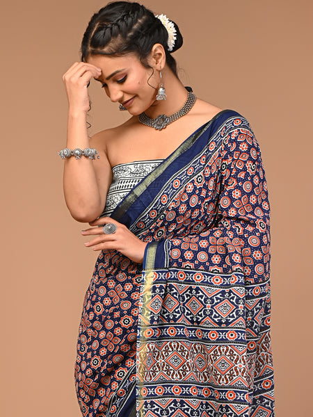 Lovwear Blue Multi Naveen Cotton MulMul Saree with Zari Border - Fabric Texture View
