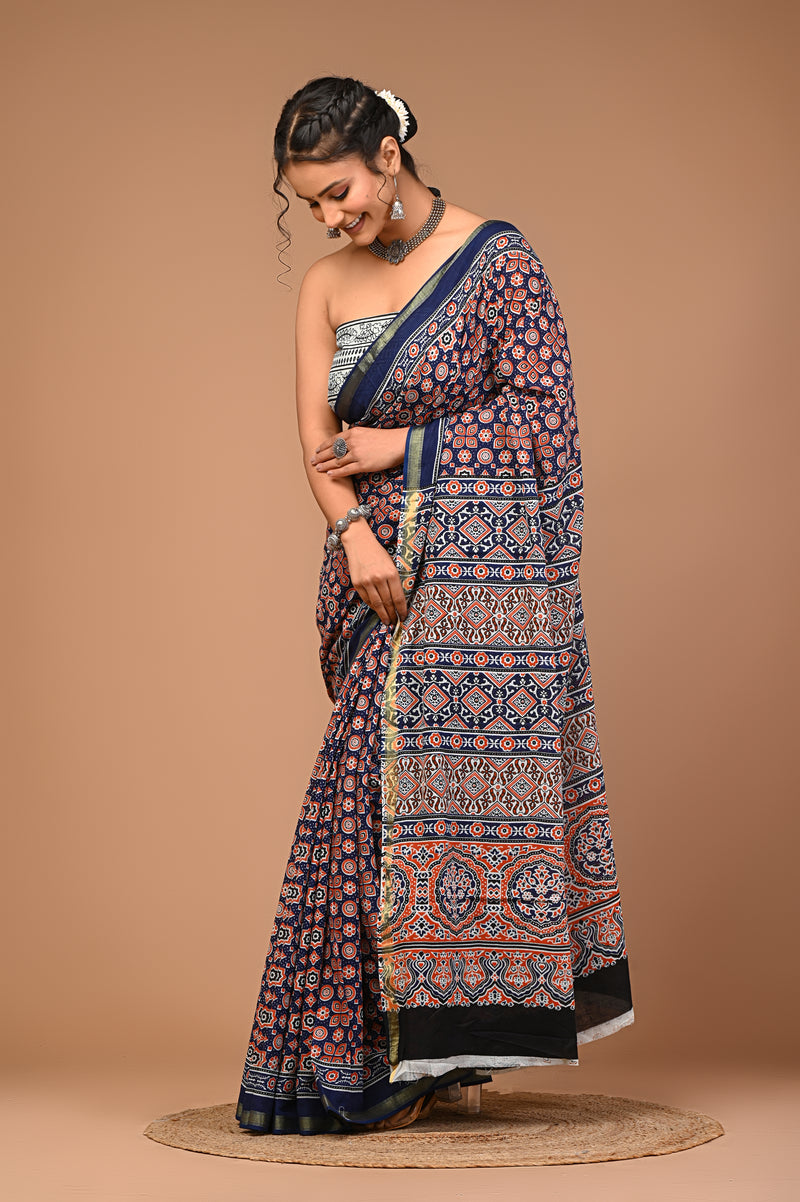 Lovwear Blue Multi Naveen Cotton MulMul Saree with Zari Border - Pleats & Full Length View