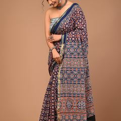 Lovwear Blue Multi Naveen Cotton MulMul Saree with Zari Border - Pleats & Full Length View