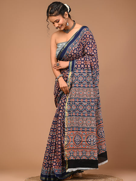 Lovwear Blue Multi Naveen Cotton MulMul Saree with Zari Border - Pleats & Full Length View