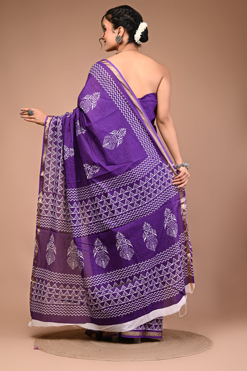 Lovwear Purple & White White Boota Cotton MulMul Saree with Zari Border - Front View