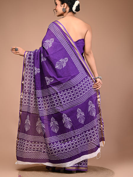 Lovwear Purple & White White Boota Cotton MulMul Saree with Zari Border - Front View