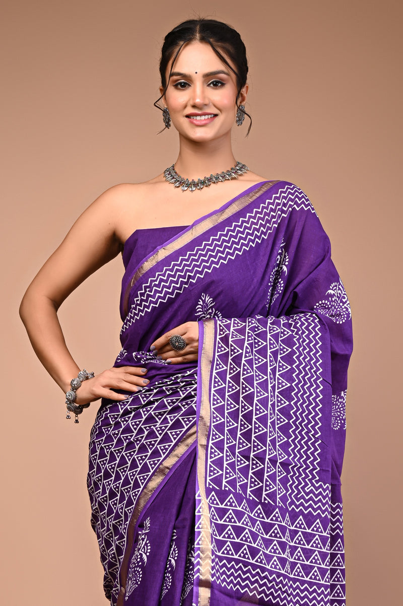 Lovwear Purple & White White Boota Cotton MulMul Saree with Zari Border - Pallu & Border Detail View