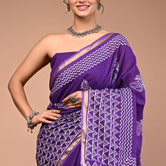 Lovwear Purple & White White Boota Cotton MulMul Saree with Zari Border - Pallu & Border Detail View