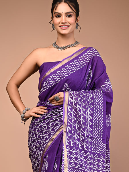 Lovwear Purple & White White Boota Cotton MulMul Saree with Zari Border - Pallu & Border Detail View