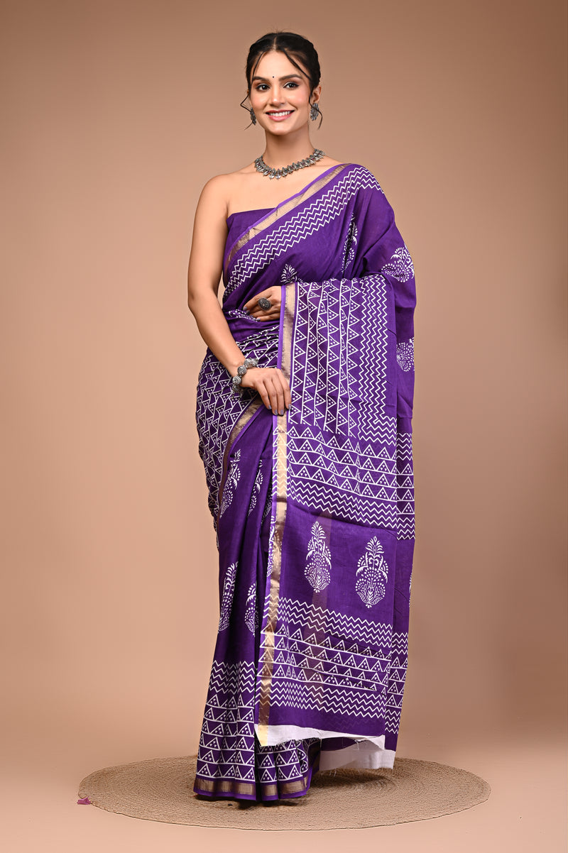 Lovwear Purple & White White Boota Cotton MulMul Saree with Zari Border - Fabric Texture View
