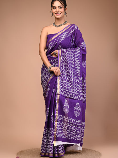 Lovwear Purple & White White Boota Cotton MulMul Saree with Zari Border - Fabric Texture View