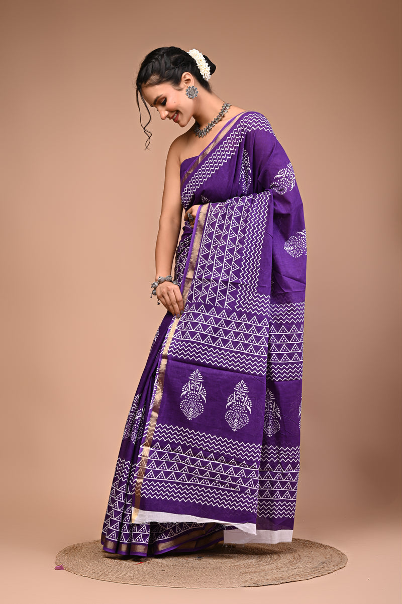 Lovwear Purple & White White Boota Cotton MulMul Saree with Zari Border - Pleats & Full Length View