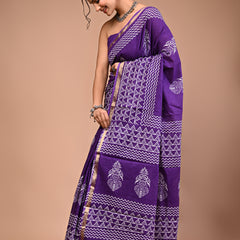 Lovwear Purple & White White Boota Cotton MulMul Saree with Zari Border - Pleats & Full Length View