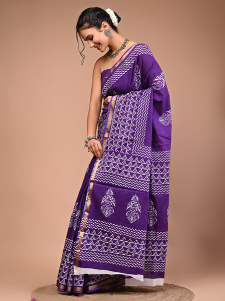 Lovwear Purple & White White Boota Cotton MulMul Saree with Zari Border - Pleats & Full Length View