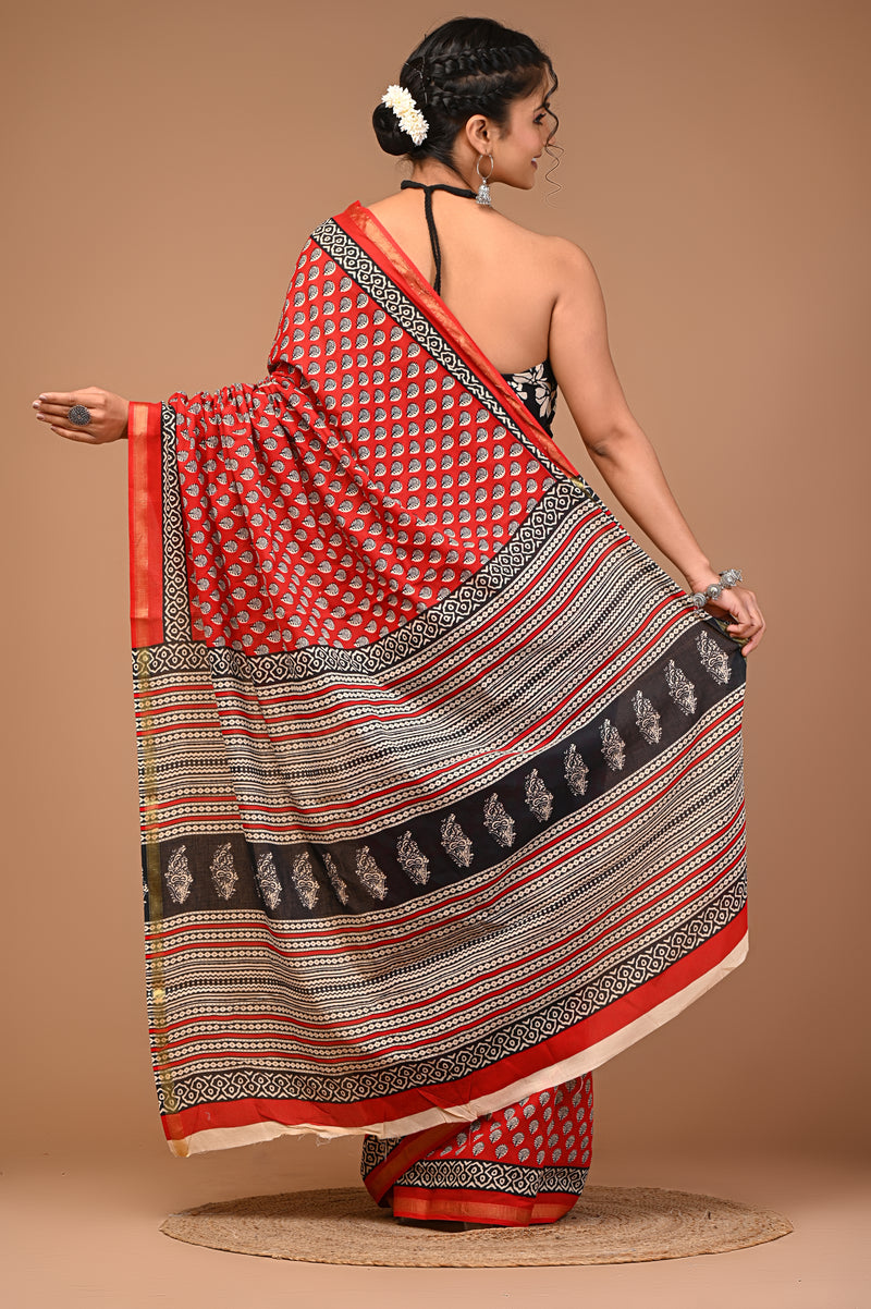 Lovwear Red Red Booti Cotton MulMul Saree with Zari Border - Front View