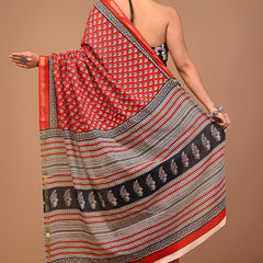 Lovwear Red Red Booti Cotton MulMul Saree with Zari Border - Front View