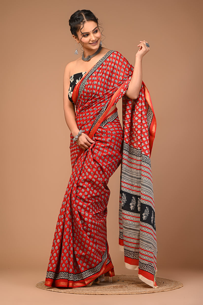 Lovwear Red Red Booti Cotton MulMul Saree with Zari Border - Pleats & Full Length View