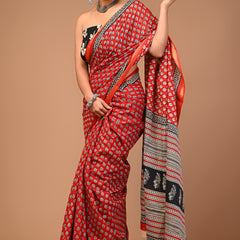 Lovwear Red Red Booti Cotton MulMul Saree with Zari Border - Pleats & Full Length View