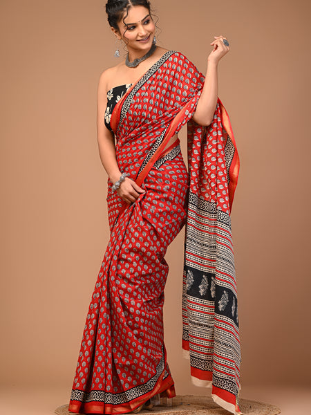 Lovwear Red Red Booti Cotton MulMul Saree with Zari Border - Pleats & Full Length View