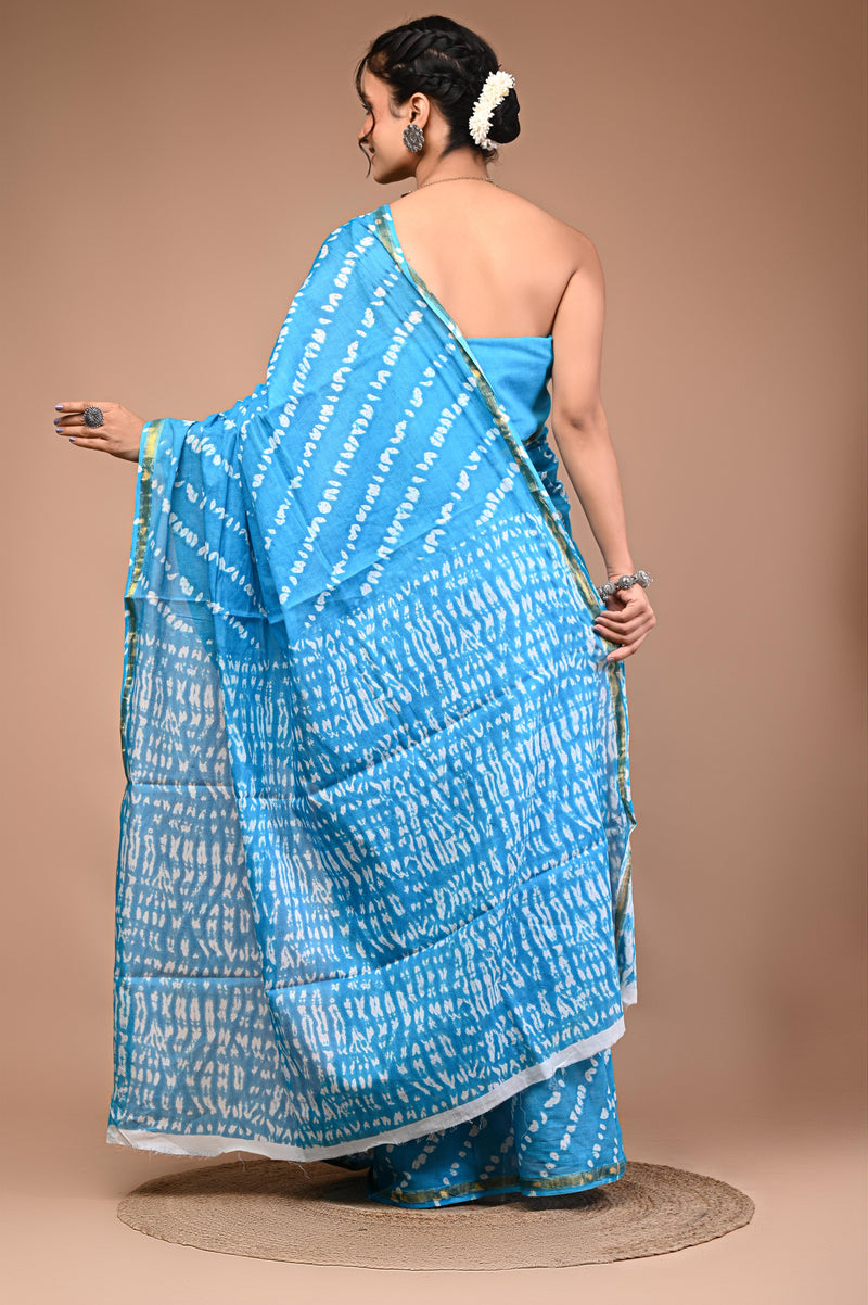 Lovwear Sky Blue Leheriya Wave Cotton MulMul Saree with Zari Border - Front View