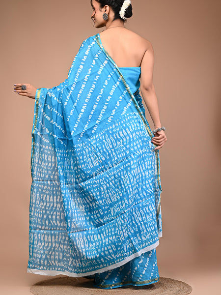 Lovwear Sky Blue Leheriya Wave Cotton MulMul Saree with Zari Border - Front View