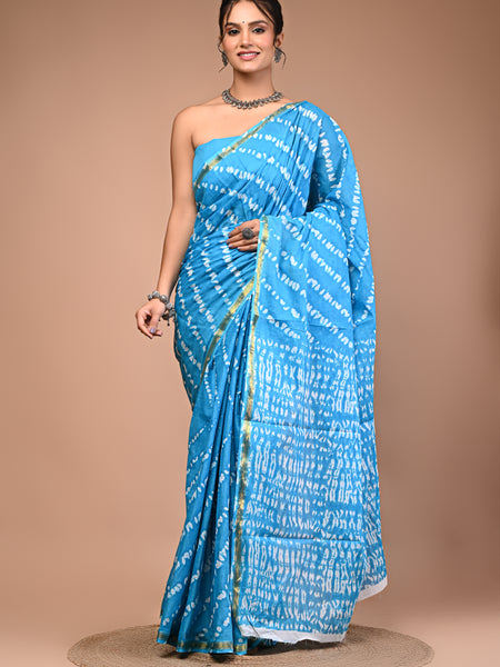 Lovwear Sky Blue Leheriya Wave Cotton MulMul Saree with Zari Border - Pallu & Border Detail View