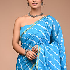 Lovwear Sky Blue Leheriya Wave Cotton MulMul Saree with Zari Border - Fabric Texture View