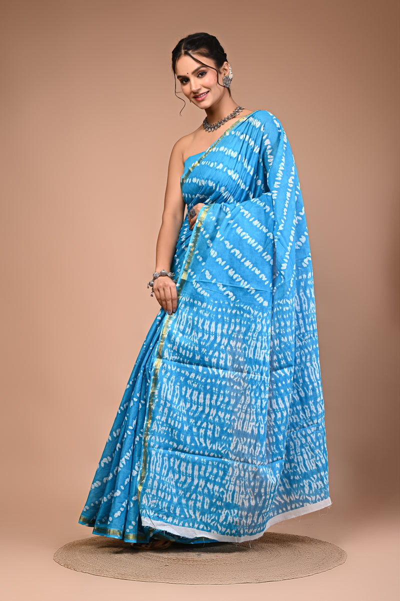 Lovwear Sky Blue Leheriya Wave Cotton MulMul Saree with Zari Border - Pleats & Full Length View