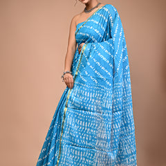 Lovwear Sky Blue Leheriya Wave Cotton MulMul Saree with Zari Border - Pleats & Full Length View
