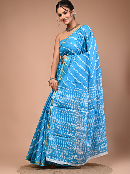 Lovwear Sky Blue Leheriya Wave Cotton MulMul Saree with Zari Border - Pleats & Full Length View