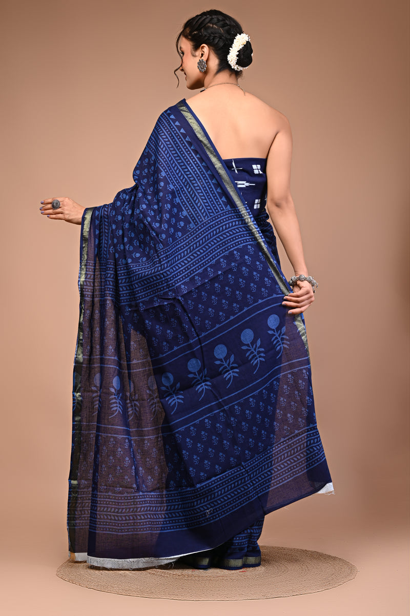 Lovwear Blue Dot Naveen Cotton MulMul Saree with Zari Border - Front View