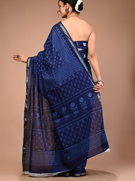 Lovwear Blue Dot Naveen Cotton MulMul Saree with Zari Border - Front View