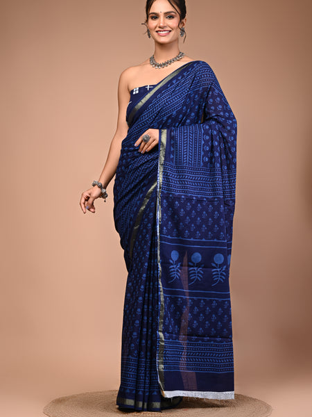 Lovwear Blue Dot Naveen Cotton MulMul Saree with Zari Border - Pallu & Border Detail View