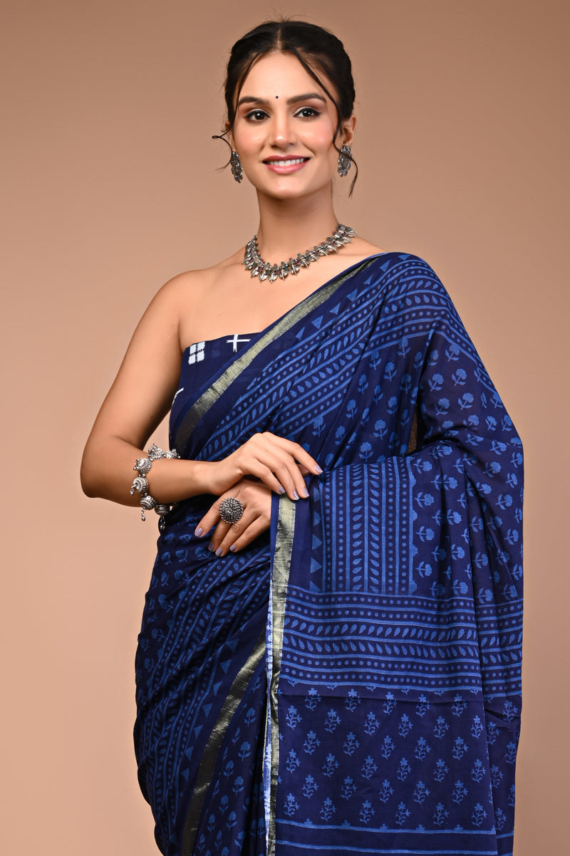 Lovwear Blue Dot Naveen Cotton MulMul Saree with Zari Border - Fabric Texture View