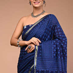 Lovwear Blue Dot Naveen Cotton MulMul Saree with Zari Border - Fabric Texture View