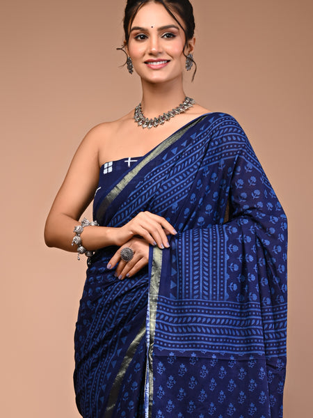 Lovwear Blue Dot Naveen Cotton MulMul Saree with Zari Border - Fabric Texture View