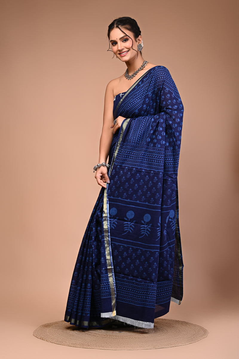 Lovwear Blue Dot Naveen Cotton MulMul Saree with Zari Border - Pleats & Full Length View
