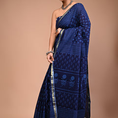 Lovwear Blue Dot Naveen Cotton MulMul Saree with Zari Border - Pleats & Full Length View
